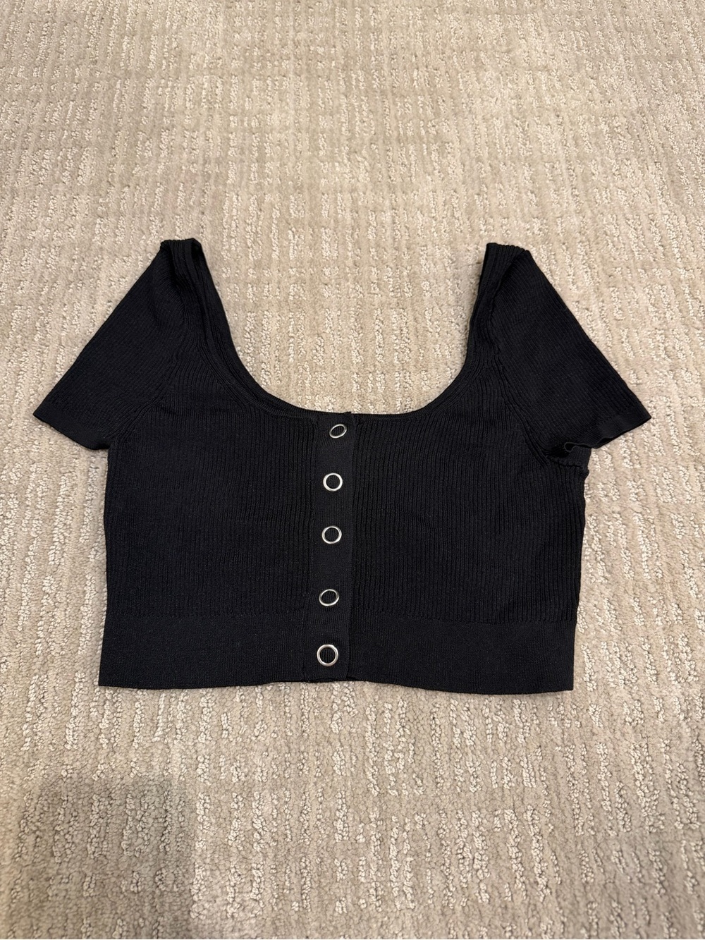 Kendall & Kylie Black Ribbed Scoop Crop Top with Silver Ring Button Details